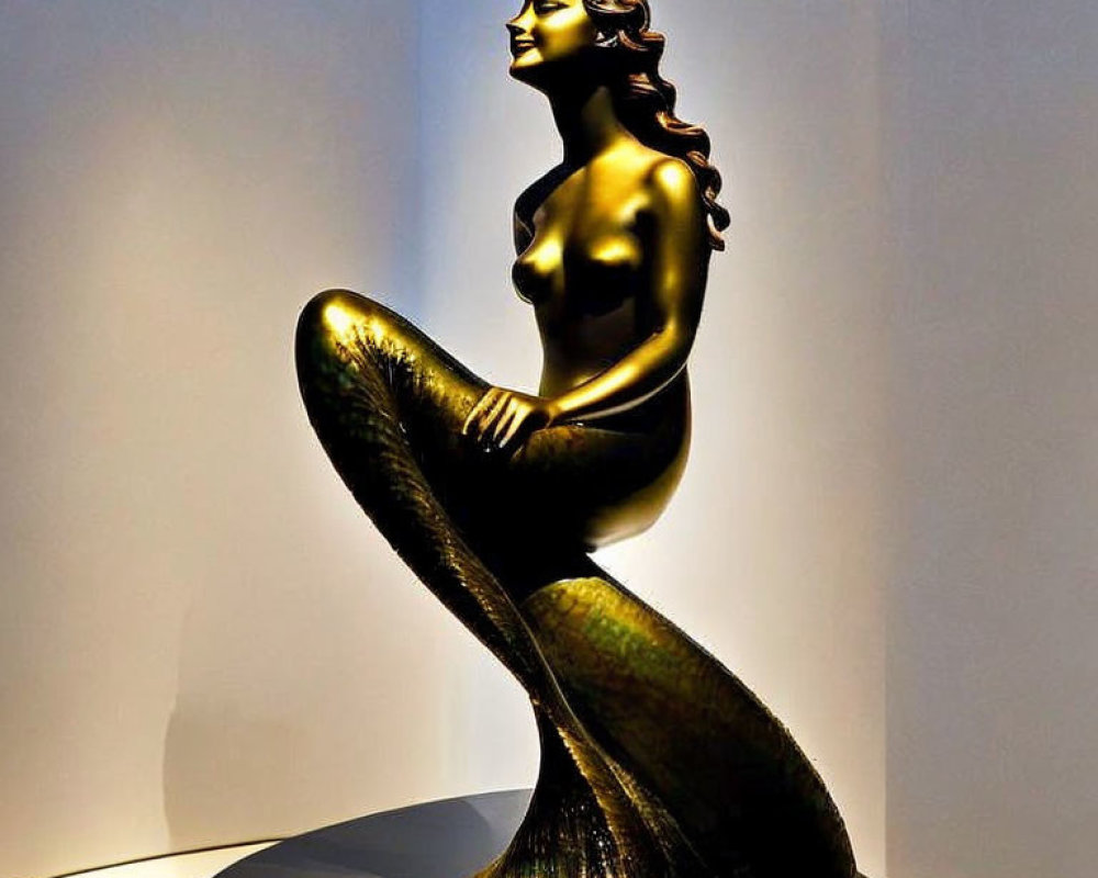 Golden mermaid statue with serene expression and fishlike tail.