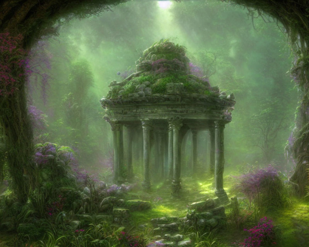 Ancient temple ruins in lush green forest with pink blossoms, fog, and sunlight
