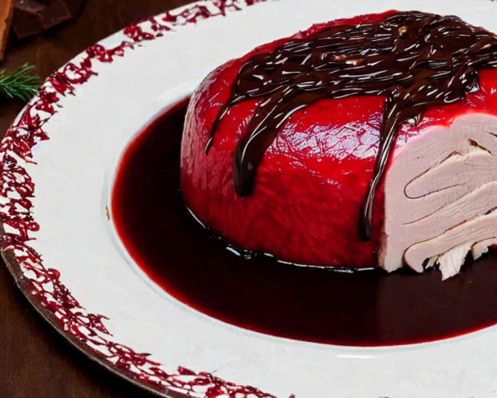 Red glossy dessert with chocolate drizzle on decorative plate