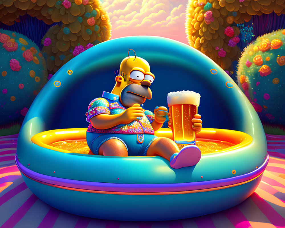 Animated character relaxing on pool float with beer mug, surreal colorful scenery