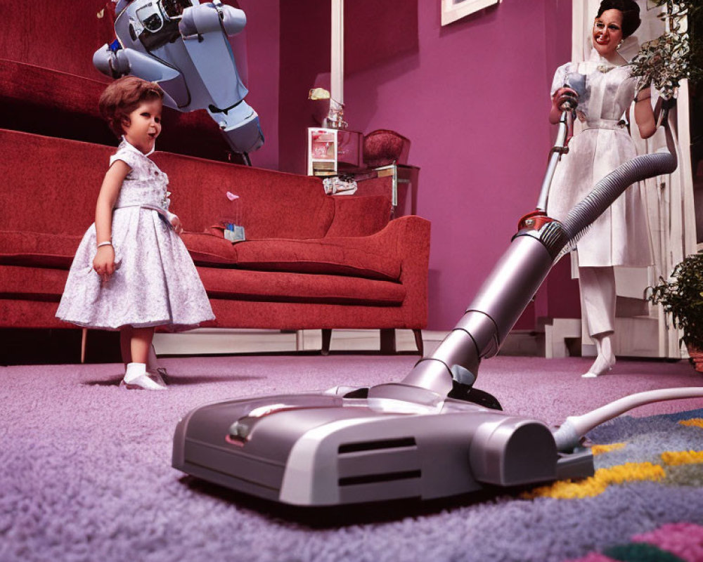 Retro-futuristic domestic scene with woman, child, and robot in purple room