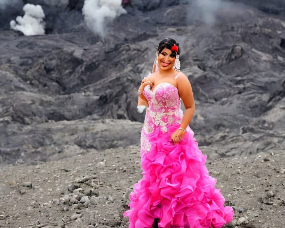 Vibrant pink dress against dark volcanic landscape with rising smoke