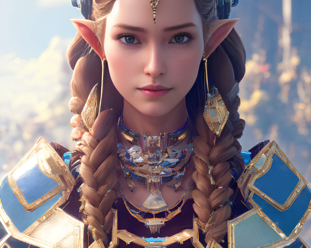 Detailed female elf digital artwork with intricate jewelry, braided hair, and armored costume.