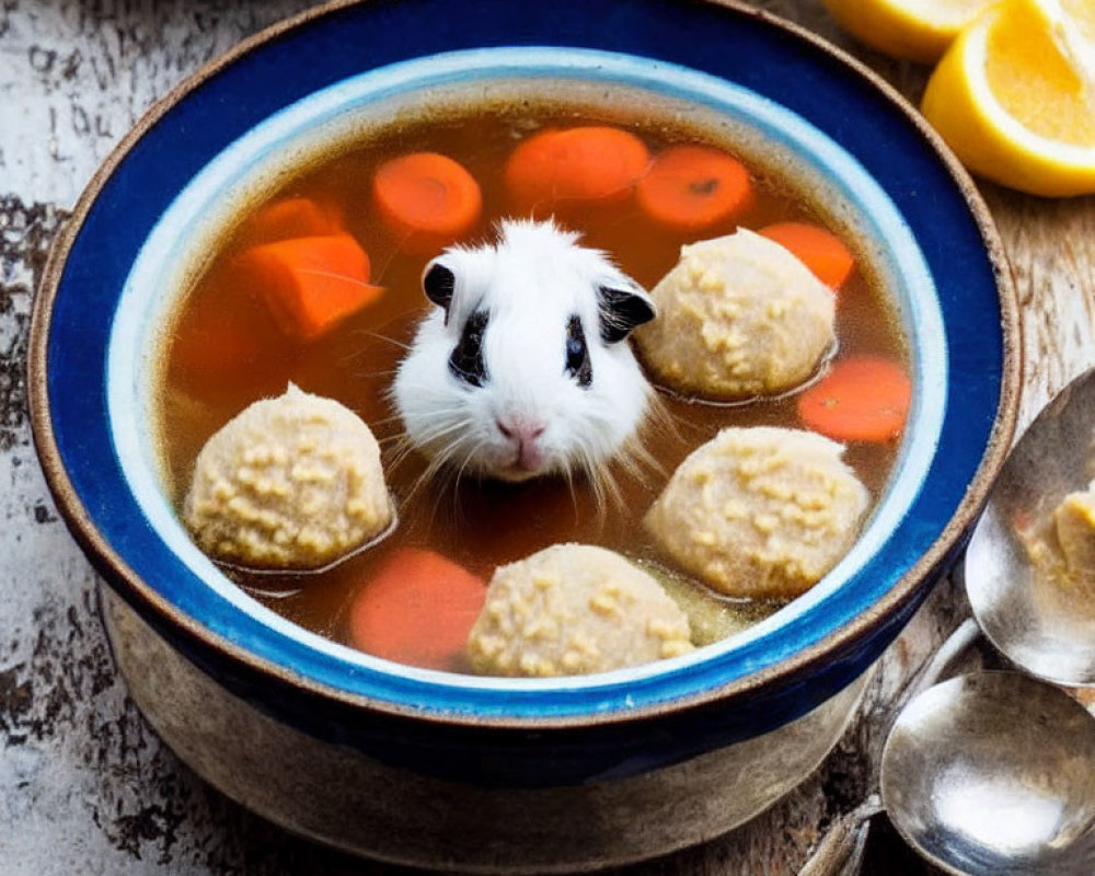 Guinea pig in soup with matzo balls, carrots, and lemon slice