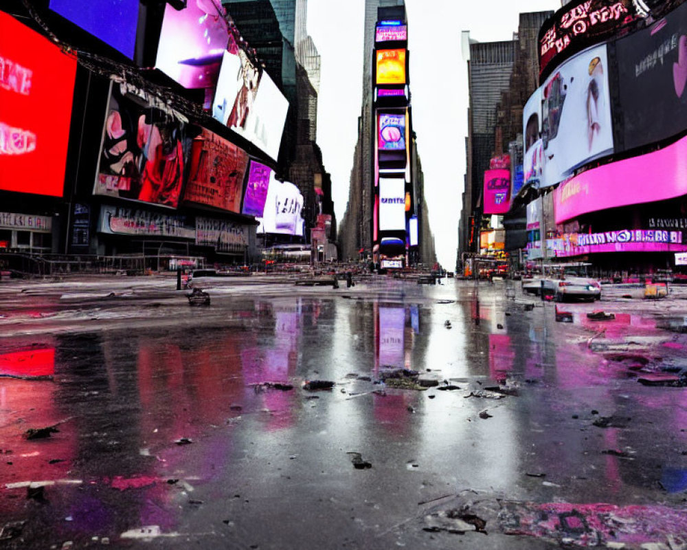 Vibrant billboards reflect on wet Times Square streets under a cloudy sky