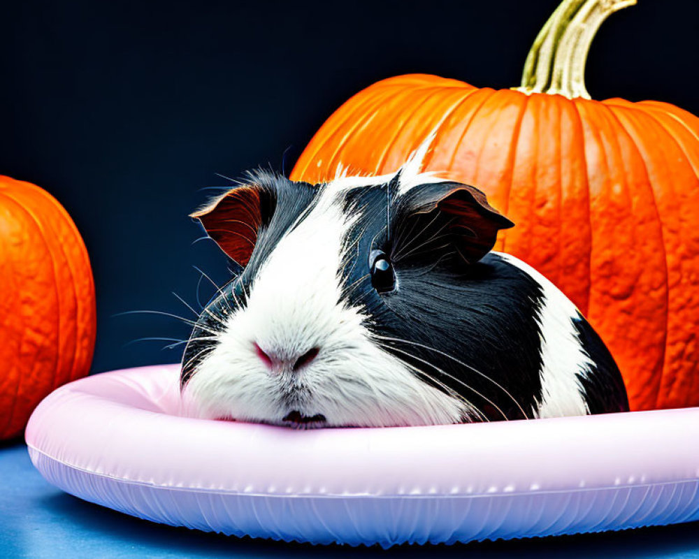 Black and White Guinea Pig in Pink Inflatable Ring with Pumpkins on Blue Surface