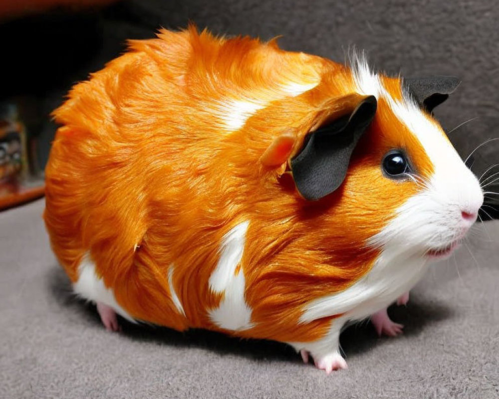 Tricolor guinea pig with orange, white, and black fur on grey carpet