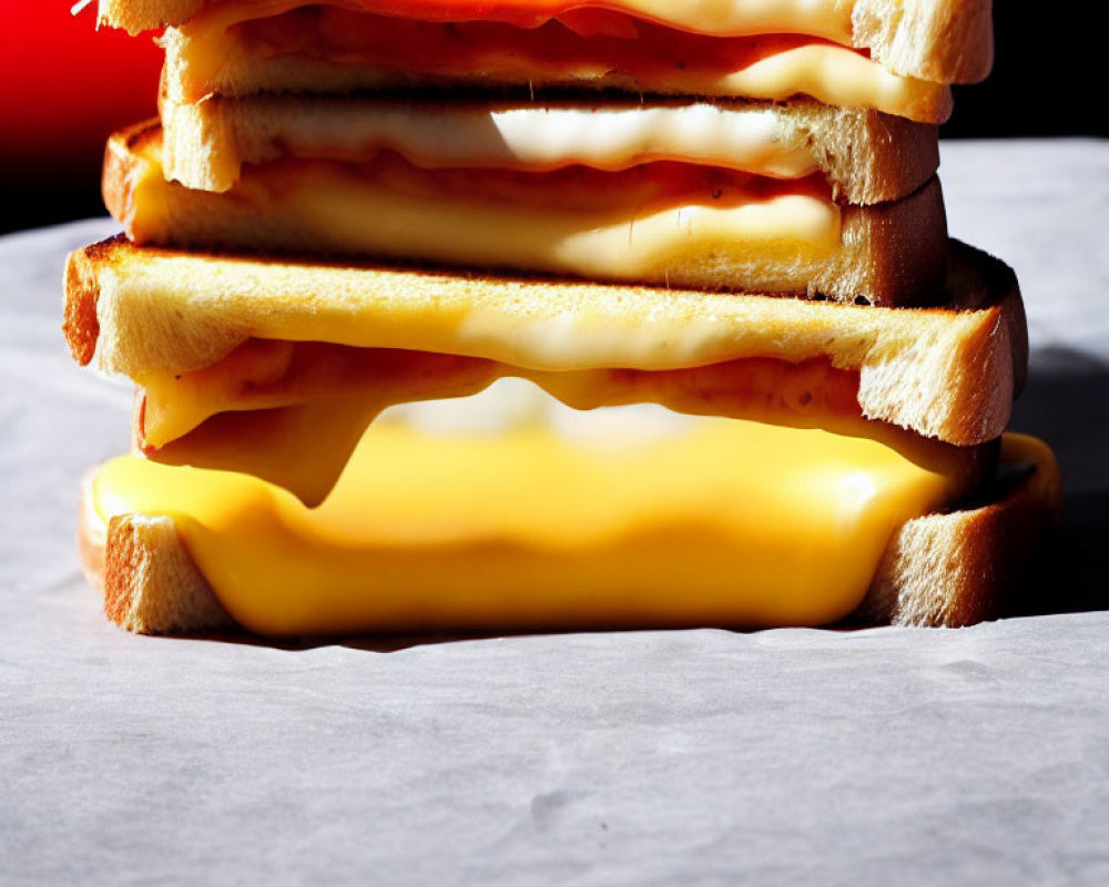 Stack of Grilled Cheese Sandwiches on White Paper with Melted Cheese and Shadows