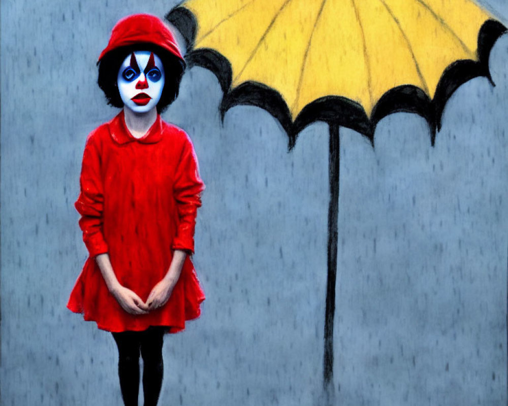 Child in clown costume with red dress and blue face paint holding yellow umbrella in rainy setting