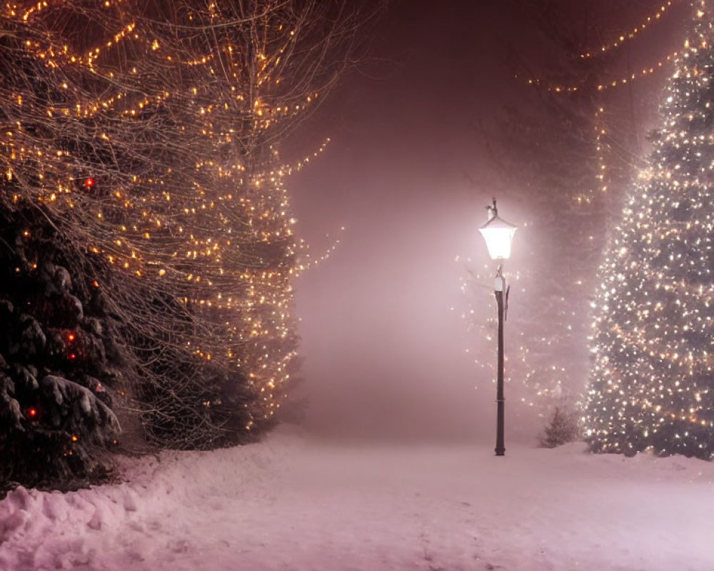 Snowy Night Scene: Misty Snow, Golden Trees, Glowing Street Lamp