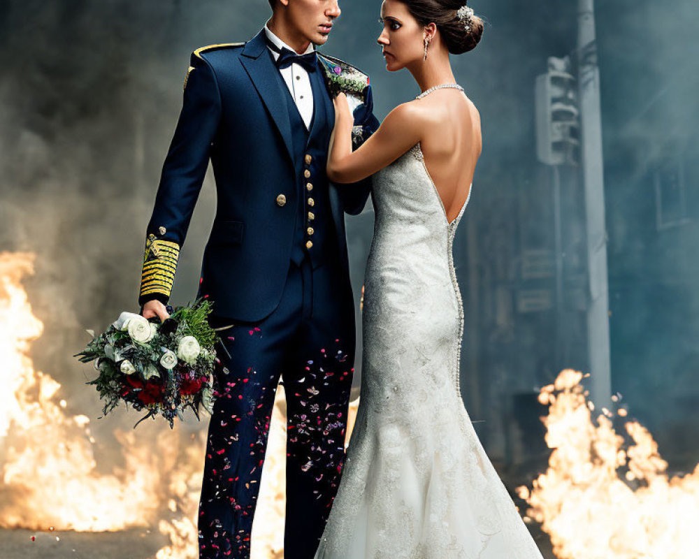 Bride and groom in formal wedding attire with flames backdrop.