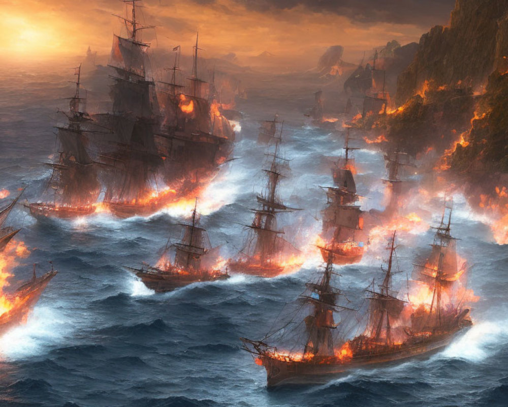 Tall ships on fire amidst stormy ocean at sunset