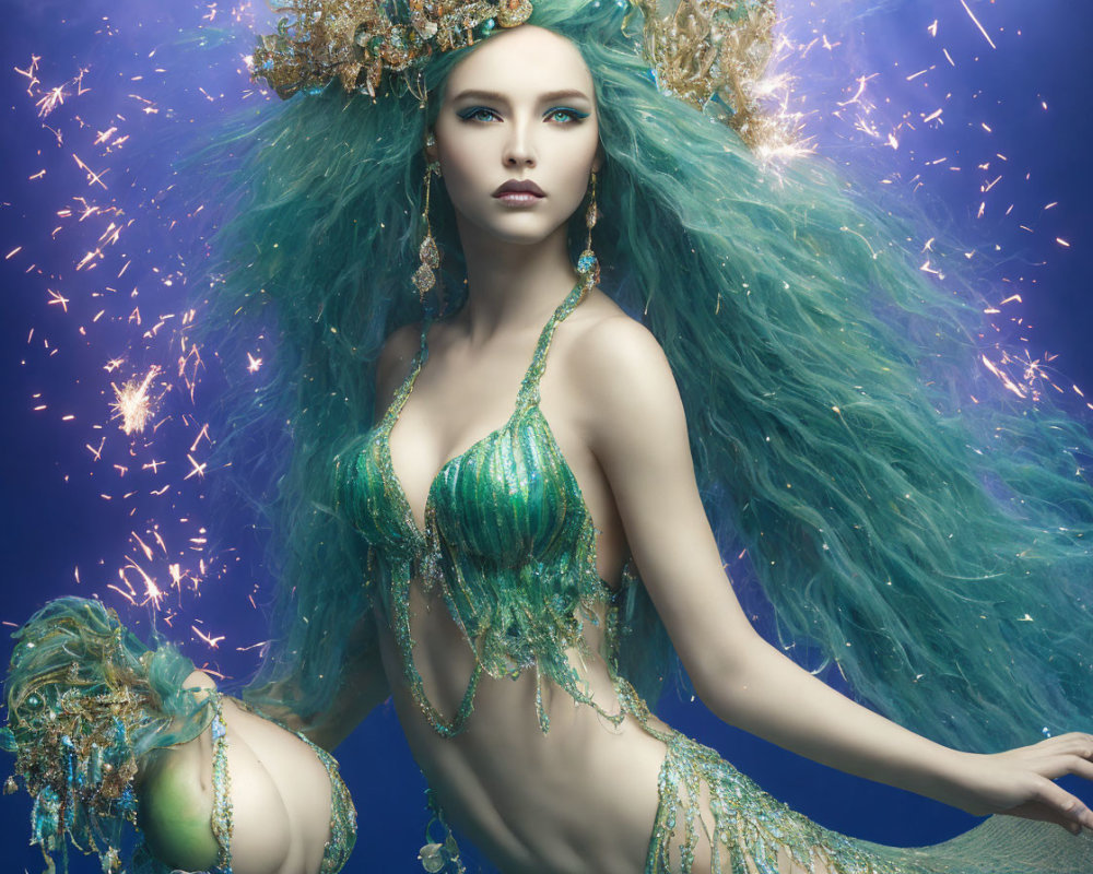 Woman in Green Mermaid Costume with Teal Hair and Glittering Accessories