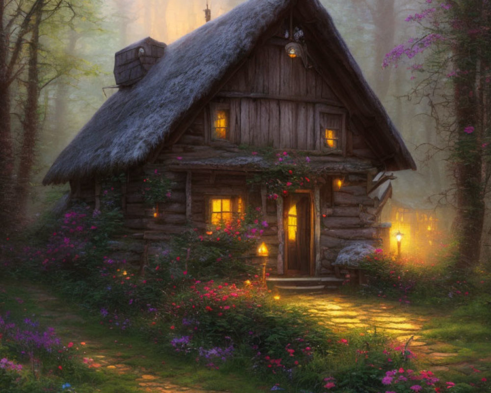 Thatched Roof Wooden Cottage in Enchanted Forest at Twilight