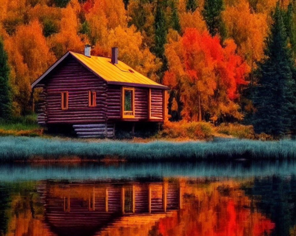 Tranquil Autumn Scene: Wooden Cabin by Lake Amid Colorful Foliage