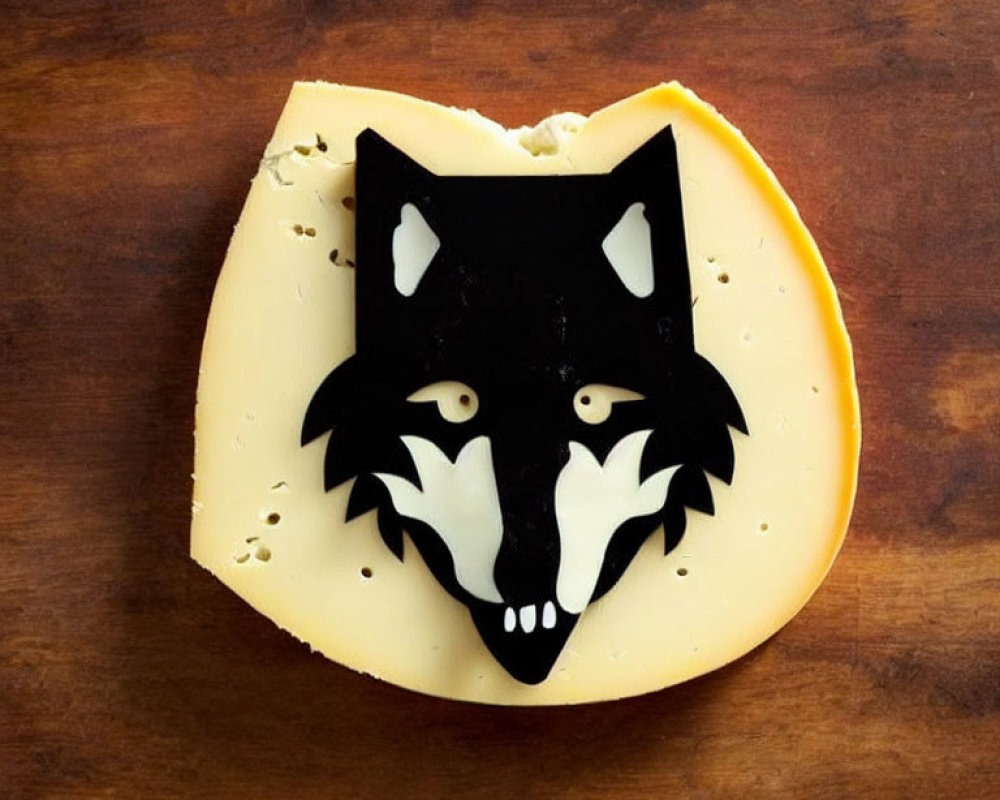 Cheese with wolf face stencil on wooden surface