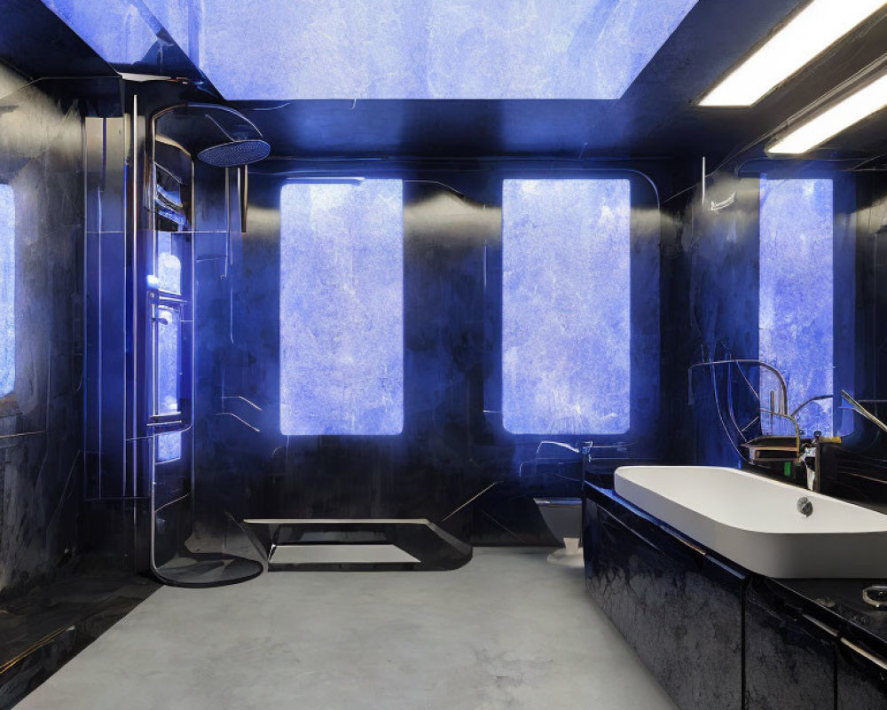Modern bathroom with blue lighting, textured walls, sleek bathtub, shower cabin, washbasin, and