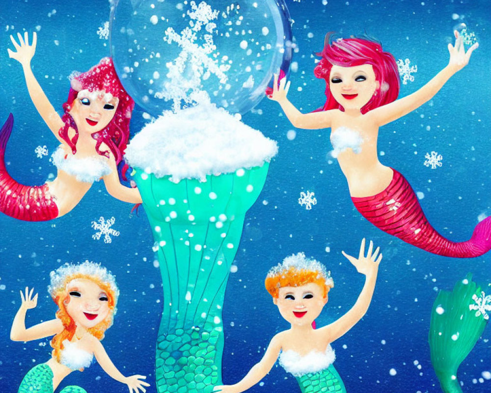 Animated mermaids and jellyfish in snowy undersea scene