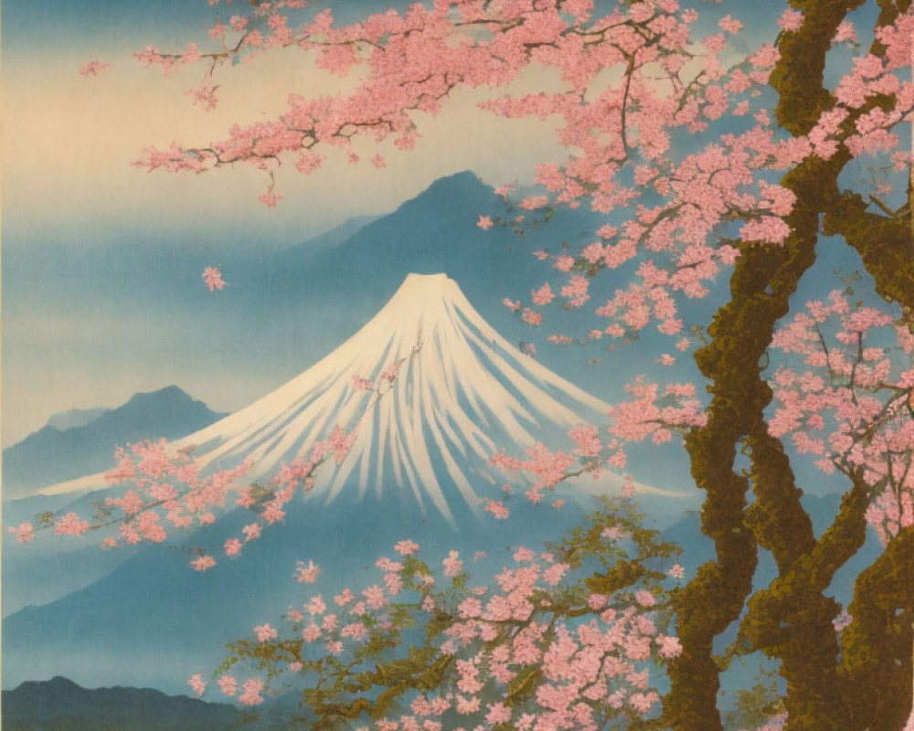 Scenic painting of Mount Fuji with cherry blossoms and serene landscape