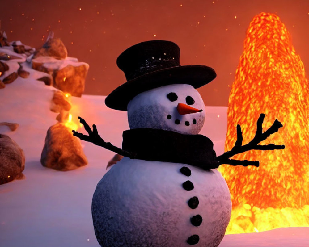 Snowman with top hat and carrot nose in snowy landscape with lava eruption in the background