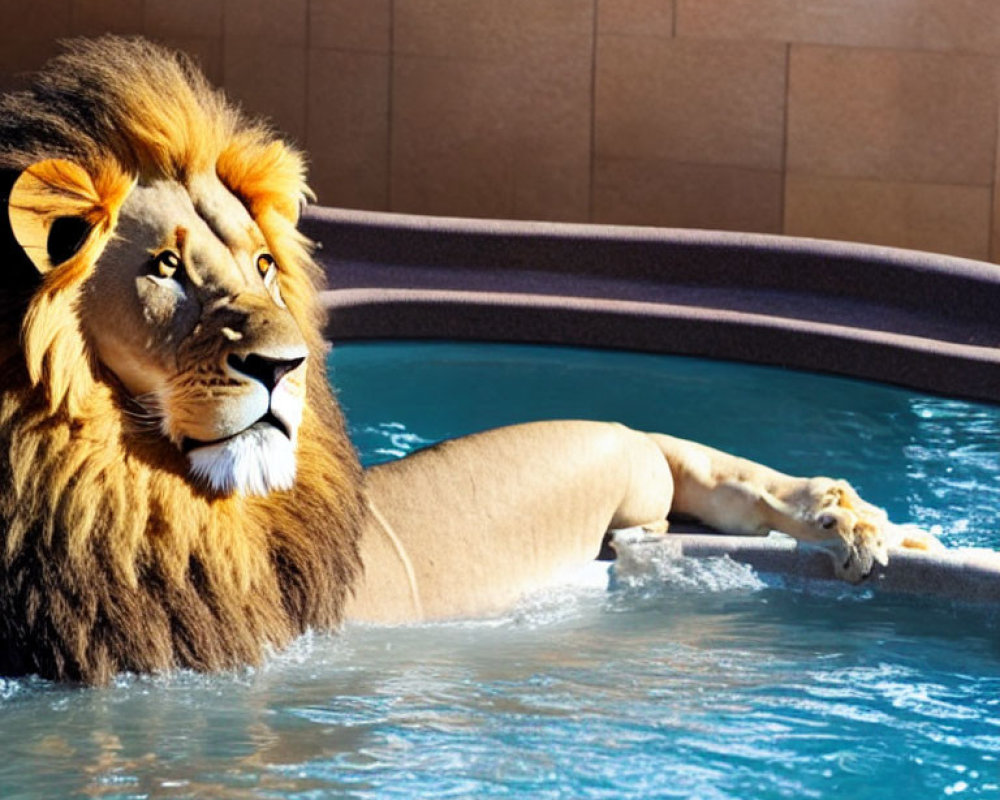 Majestic lion with full mane in clear water resting at pool edge