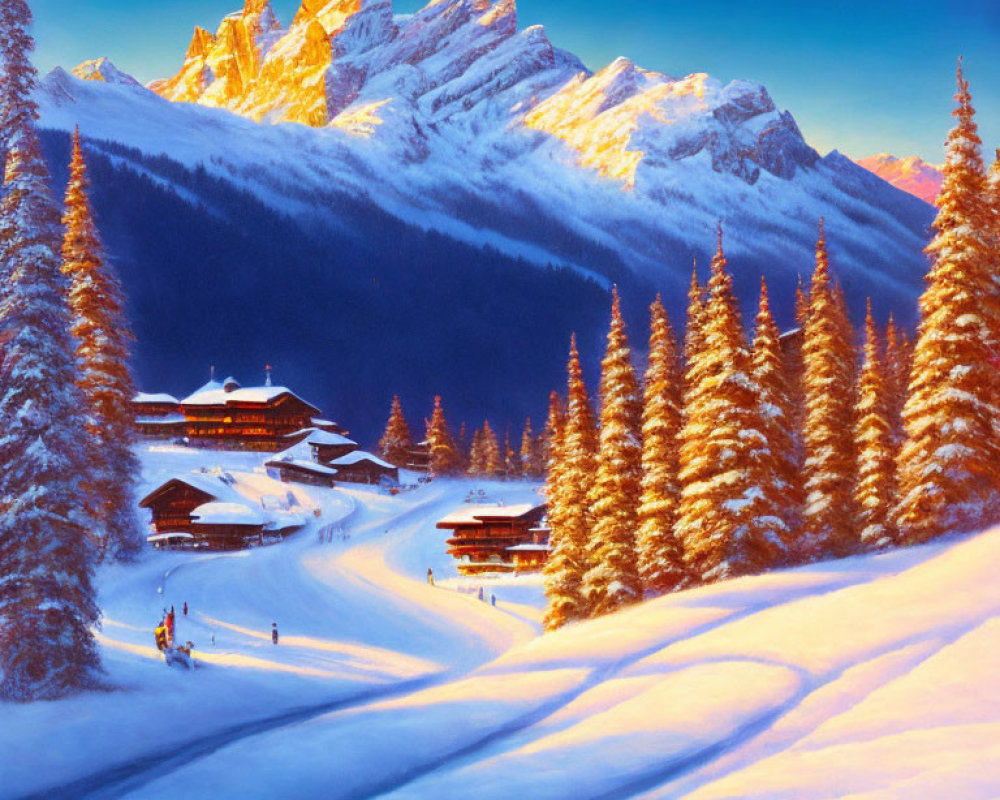 Snow-covered chalets, pine trees, and mountain backdrop in winter scene