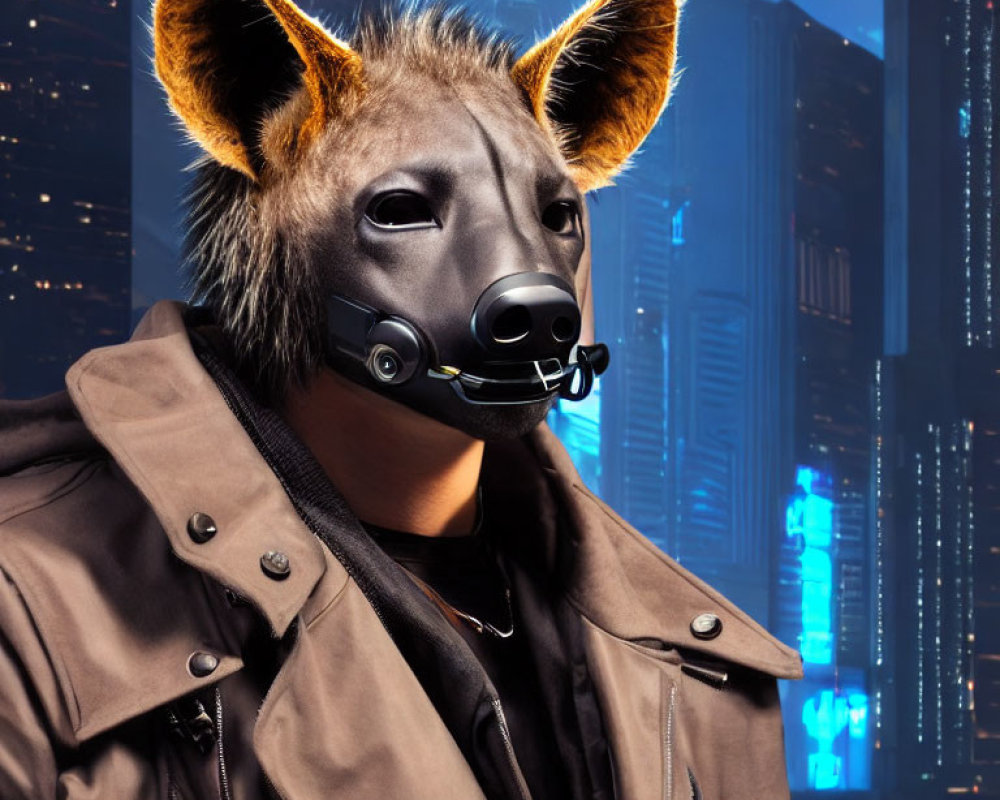 Person in Wolf Mask Stands Before Neon Cityscape at Night