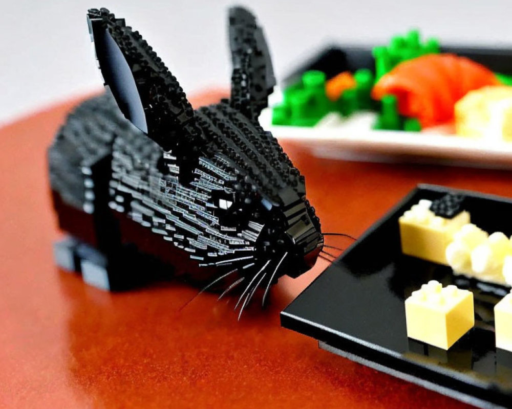 Intricate black LEGO cat sculpture with sushi platter on wooden surface