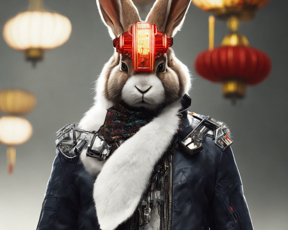 Stylized rabbit with futuristic visor and leather jacket in front of Chinese lantern backdrop