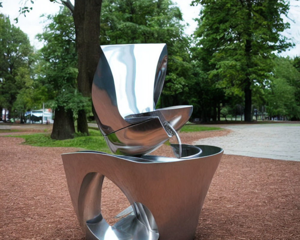 Metal sculpture of stacked cups with cascading water in park setting