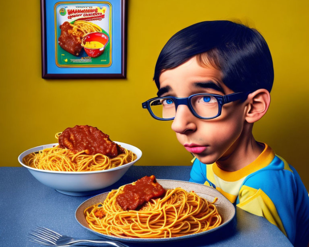 Boy with glasses staring at spaghetti and meatballs with poster in background