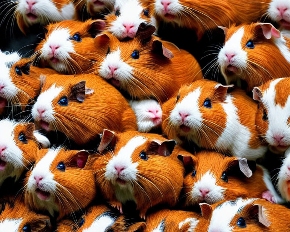 Brown and White Guinea Pigs Clustered Together in Close-Up Shot
