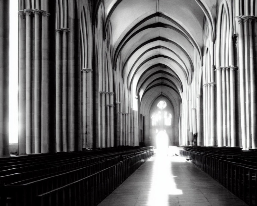 Monochrome cathedral interior with tall columns and arched ceilings