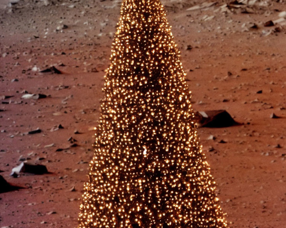 Christmas tree glowing on rocky Martian-like terrain