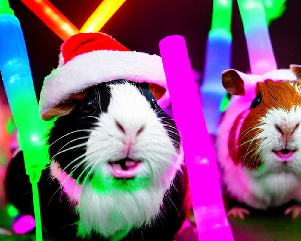 Two Guinea Pigs in Festive Setting with Santa Hat and Neon Sticks