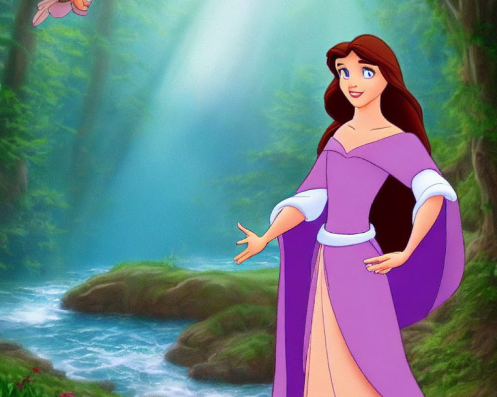 Animated princess with long brown hair reaching out to pink bird in sunny forest.