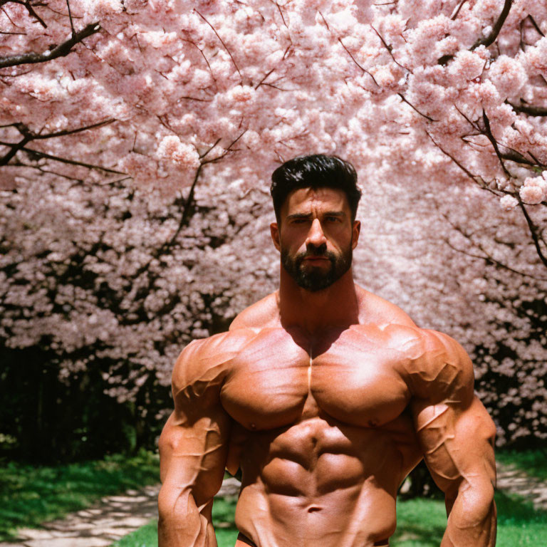 Muscular man poses with pink cherry blossoms, showcasing contrast.