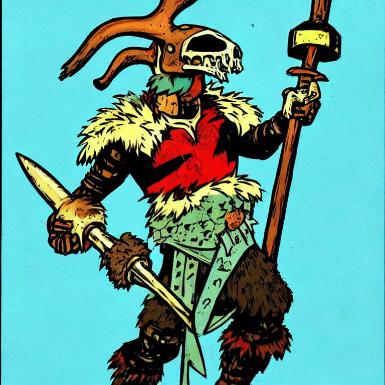 Warrior with Horned Helmet, Fur Collar, Axe, Sword, and Spear