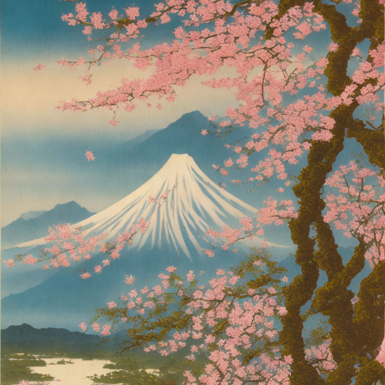 Scenic painting of Mount Fuji with cherry blossoms and serene landscape