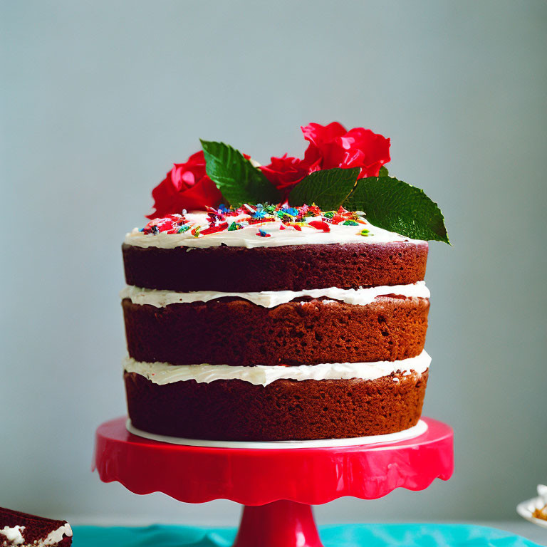 Colorful Layered Chocolate Cake with White Frosting and Sprinkles