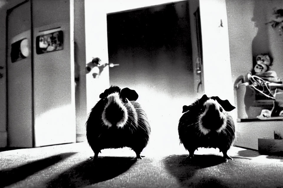 Silhouette of Two Guinea Pigs Facing Camera with Bright Backlight