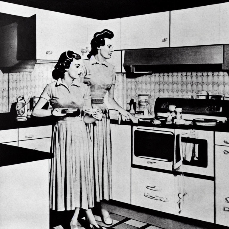 Vintage-style illustrated women in mid-century kitchen with stove and dish.