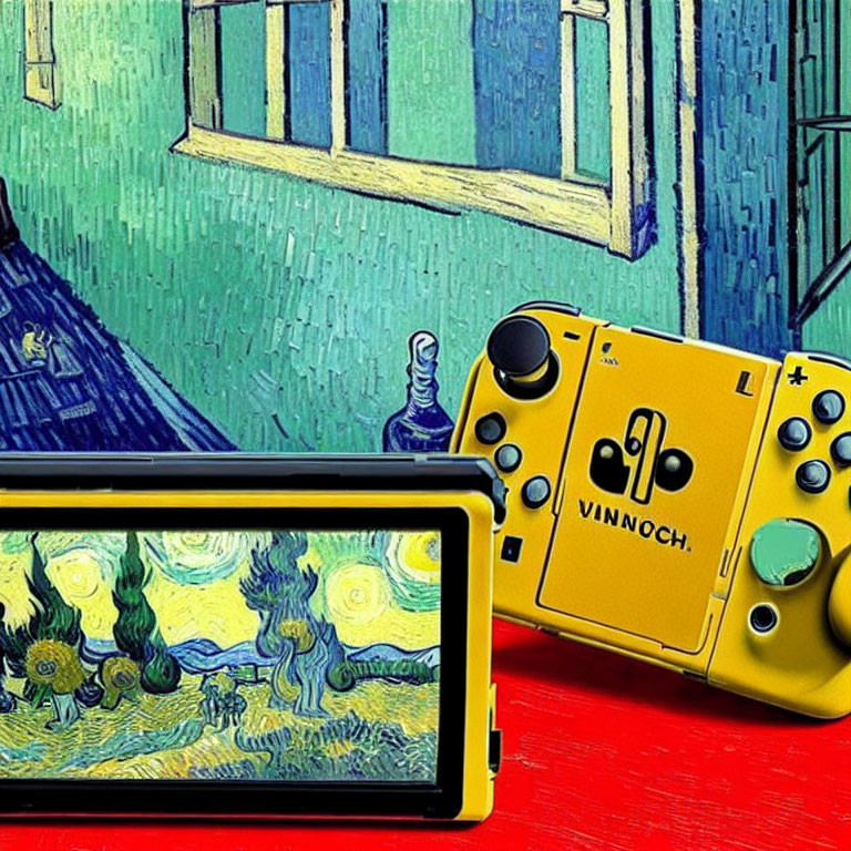 Artistic Yellow Controllers with Gaming Console and Van Gogh-Inspired Tablet Painting