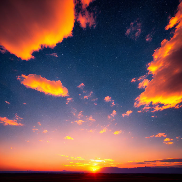 Orange Clouds at Sunrise Against Starry Sky