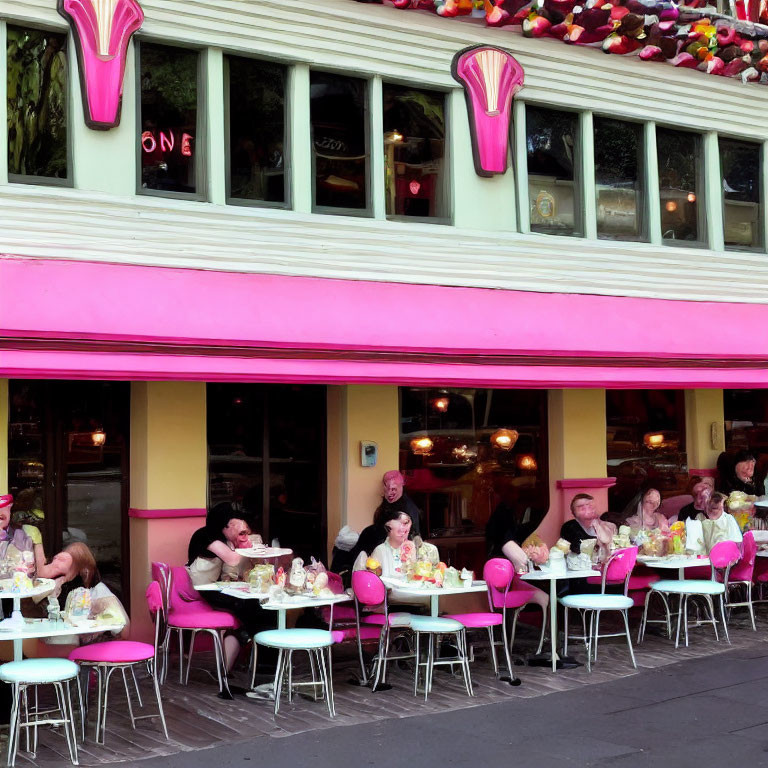 Colorful Café with Pink Exterior and Whimsical Decorations