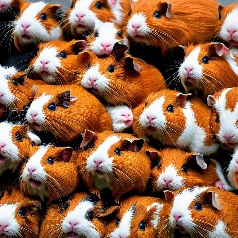 Brown and White Guinea Pigs Clustered Together in Close-Up Shot