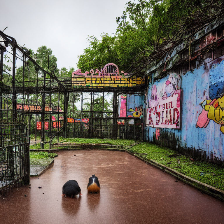 Desolate amusement park with overgrown vegetation and faded murals