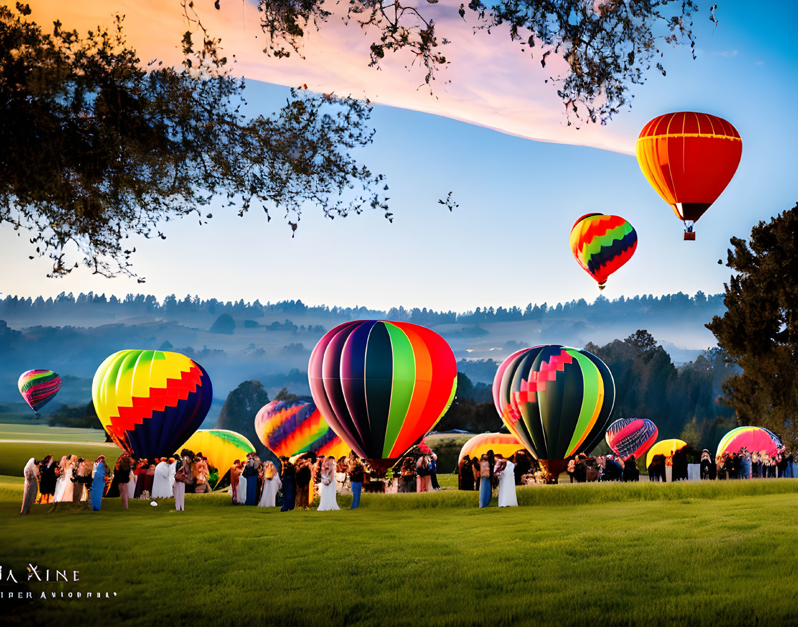 Vibrant hot air balloons ready for flight in field at dusk
