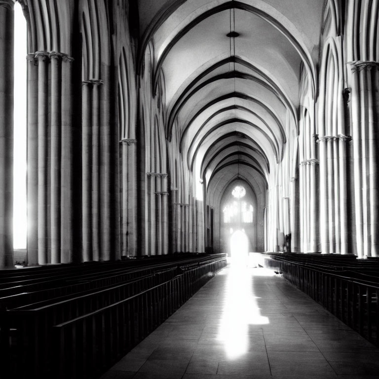 Monochrome cathedral interior with tall columns and arched ceilings