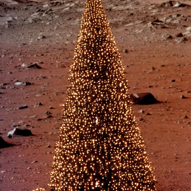 Christmas tree glowing on rocky Martian-like terrain